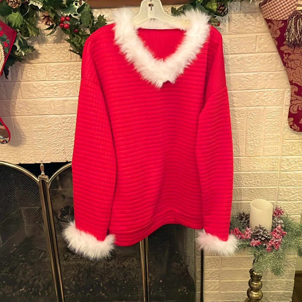 Santa-inspired long sleeve top. Faux fur trim and v-neck, size XL